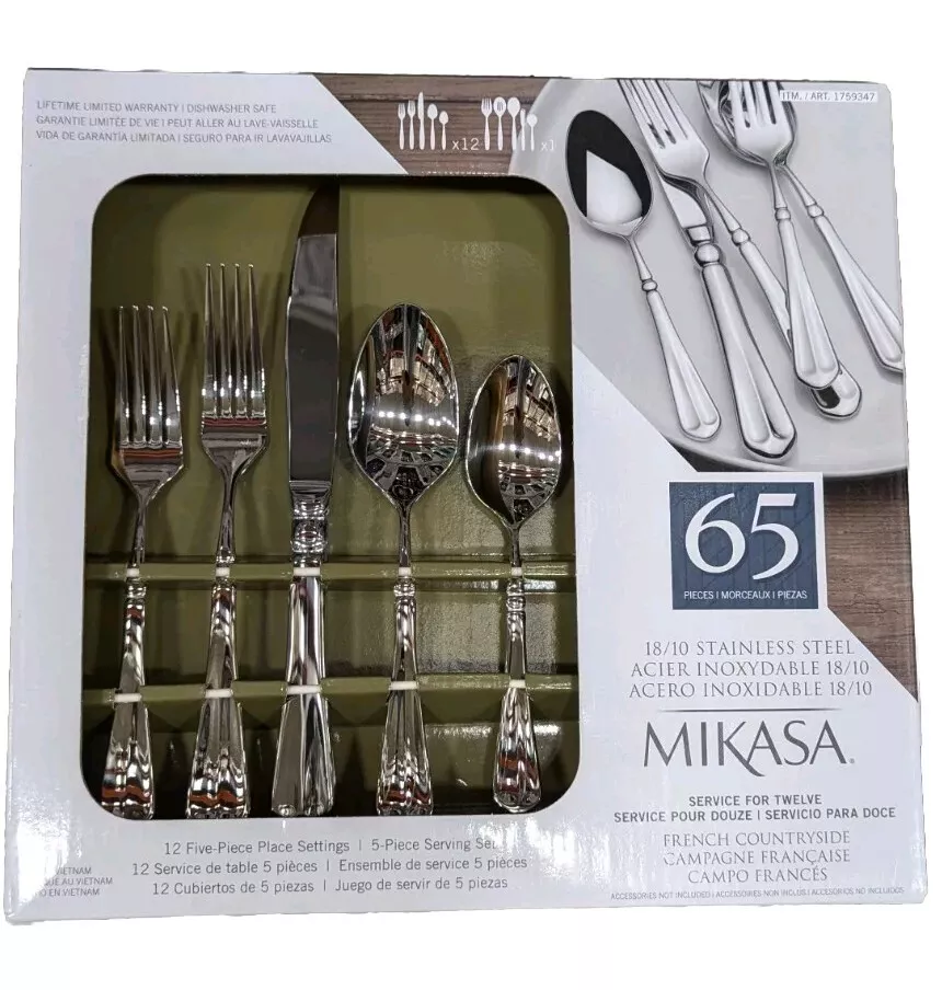 Mikasa Essex Satin 65-Piece Stainless Steel Flatware Set with Wood Caddy