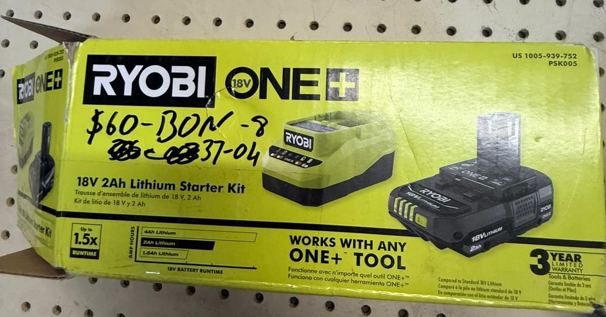 RYOBI one+ 18v lithium-ion 2.0 ah compact battery and charger starter kit