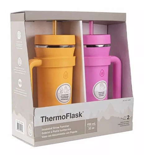 ThermoFlask Premium Quality Double Wall Insulated Stainless Steel Tumbler with Handle and Straw Lid, 32 Ounce