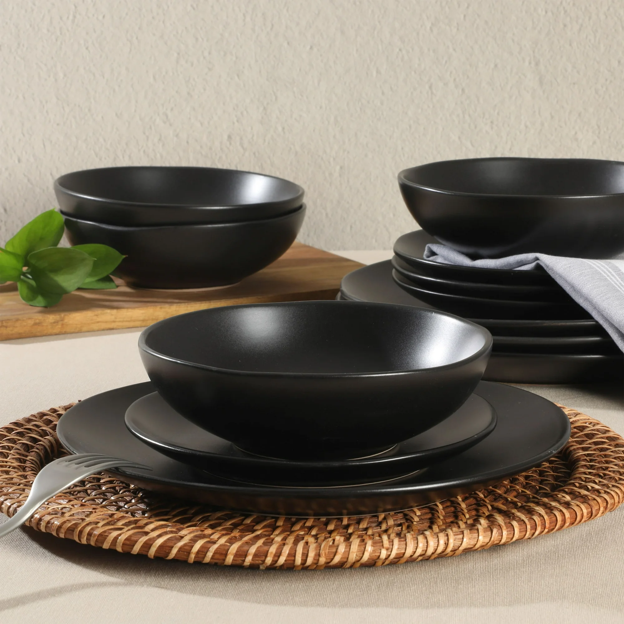 Gibson Home Bethel 12-Piece Matte Black Stoneware Dinnerware Set