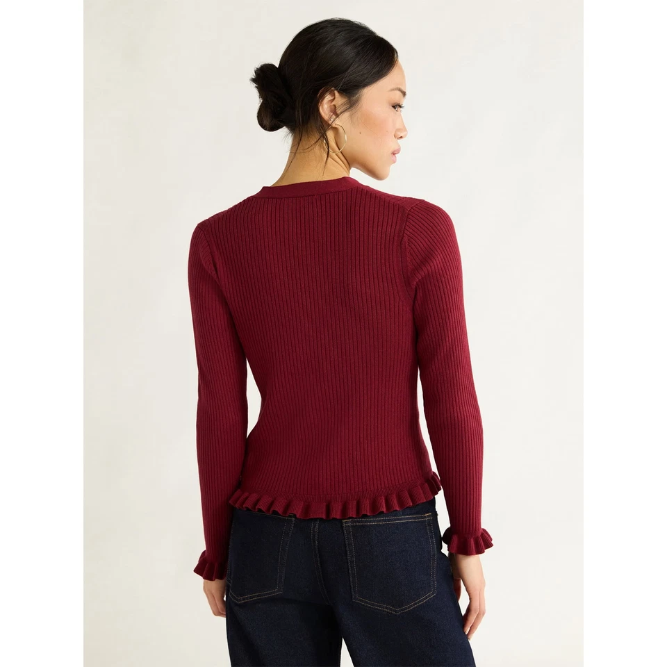 Free Assembly Women's Ruffle Hem Cardigan Sweater with Long Sleeve