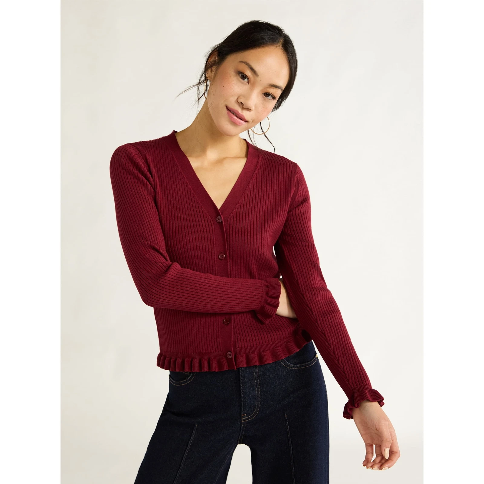 Free Assembly Women's Ruffle Hem Cardigan Sweater with Long Sleeve