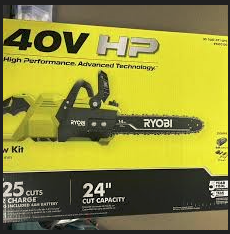 RYOBI 40V brushless 14-inch battery chainsaw with 4.0Ah battery and charger. Lightweight and powerful for outdoor cutting.