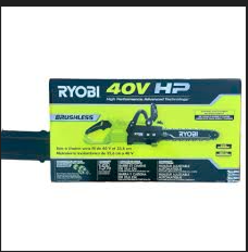 RYOBI 40V brushless 14-inch battery chainsaw with 4.0Ah battery and charger. Lightweight and powerful for outdoor cutting.
