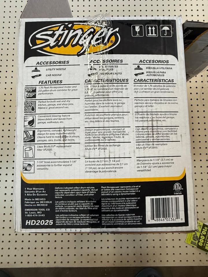 Stinger 2.5 Gal. 1.75 Peak HP Small Shop Vacuum Wet Dry Vac