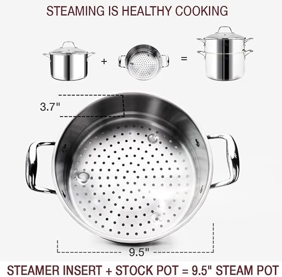 HOMICHEF 14-Piece Nickel Free Stainless Steel Cookware Set Whole-Clad 3-Ply - Mirror Polished Pots And Pans Set - Healthy Cookware Set With Steamer - Non-Toxic Induction Cookware Sets