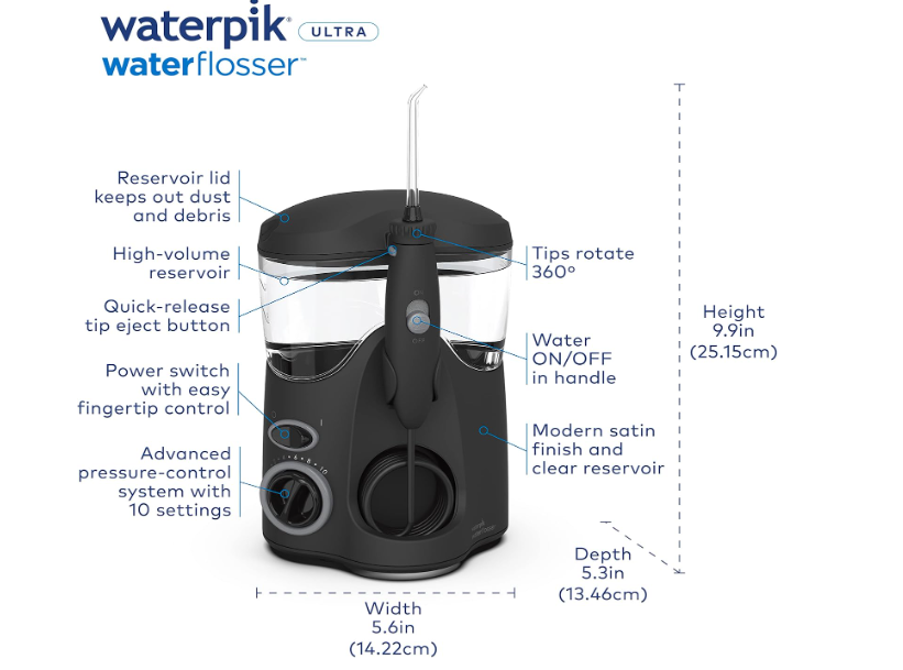 Waterpik Ultra Water Flosser, Black - 90+ Seconds of Flossing Time - 10 Pressure Settings, 360-Degree Tip Rotation - Includes Six Tips & Built-in Tip Storage