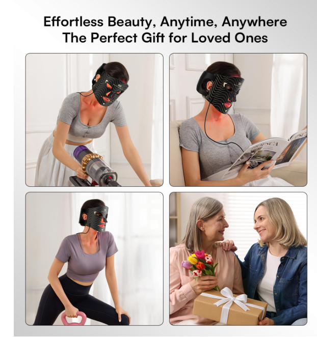 INIA Red Light Therapy Mask for Face – 4 Light Modes with 850nm NIR, Red & Blue LED Light Therapy, 2600mAh Rechargeable LED Face Mask for Radiant Glow at Home, Black