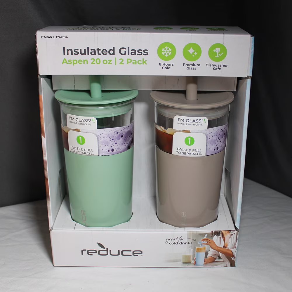 Reduce Aspen 20oz Glass Tumblers 2-Pack – Insulated, Lids & Straws, Green/Beige