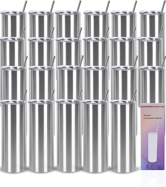 Wzaytia 24 Pack 20 Oz Stainless Steel Straight Tumblers, Insulated Slim Skinny Travel Cup Set, BPA-Free Lids and Straws Included, Silver