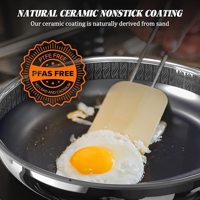 WhatsClad 10 Inch Nonstick Frying Pan, Hybrid Ceramic Coating & 3-Ply Stainless Steel Skillet - PFAS Free, PFOA Free, PTFE Free