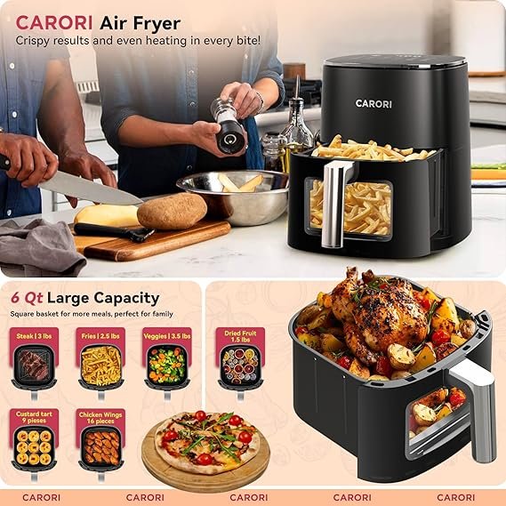 Air Fryer 12 Preset with Viewing Window, 6Qt Large Capacity, 400℉ Max Crisp, Airfryer, Bake, Roast, Dehydrate, Reheat, 1700W Quick Even Easy Meals, Nonstick Dishwasher Safe Basket