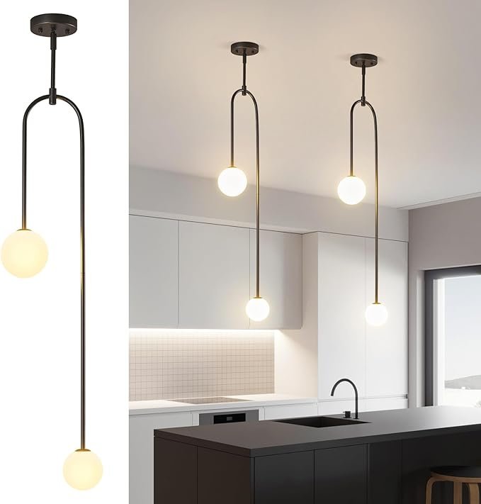 LBSQJ Modern Milk Glass Pendant Light 2 Light Mid Century Chandelier Small Glass Globe Black Pendant Lights for Kitchen Island Bedroom Dining (Metal Tube Removable, 2 Pack)