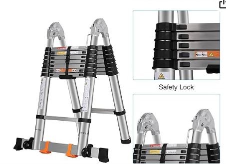 DEZEX Telescoping Ladders 16.5FT A Frame Stainless Steel Folding Extension Ladder, with Anti-Slip Balance Bar & Movable Wheel, Multi Position Collapsible Ladder for Outdoor Indoor, 330lbs Max Capacit