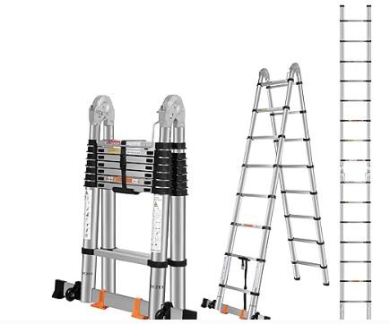 DEZEX Telescoping Ladders 16.5FT A Frame Stainless Steel Folding Extension Ladder, with Anti-Slip Balance Bar & Movable Wheel, Multi Position Collapsible Ladder for Outdoor Indoor, 330lbs Max Capacit