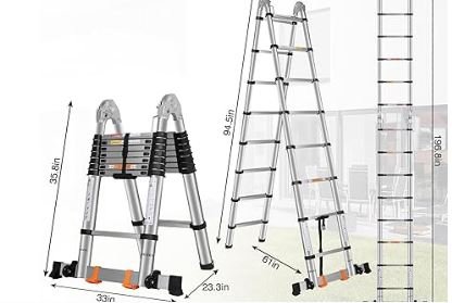 DEZEX Telescoping Ladders 16.5FT A Frame Stainless Steel Folding Extension Ladder, with Anti-Slip Balance Bar & Movable Wheel, Multi Position Collapsible Ladder for Outdoor Indoor, 330lbs Max Capacit