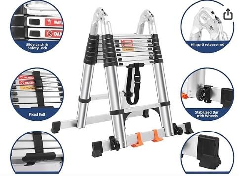 DEZEX Telescoping Ladders 16.5FT A Frame Stainless Steel Folding Extension Ladder, with Anti-Slip Balance Bar & Movable Wheel, Multi Position Collapsible Ladder for Outdoor Indoor, 330lbs Max Capacit