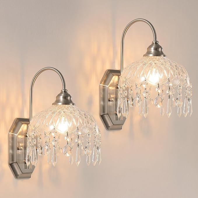 LOSNEOLAZ Crystal Wall Sconces Set of Two, Modern Sconces Wall Decor Set of 2 Chrome Bedroom Indoor Wall Sconce Bedside Wall Mounted Lamp for Hallway Bathroom Vanity Light Fixtures