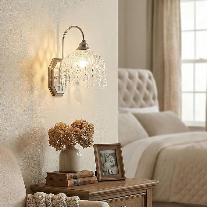 LOSNEOLAZ Crystal Wall Sconces Set of Two, Modern Sconces Wall Decor Set of 2 Chrome Bedroom Indoor Wall Sconce Bedside Wall Mounted Lamp for Hallway Bathroom Vanity Light Fixtures
