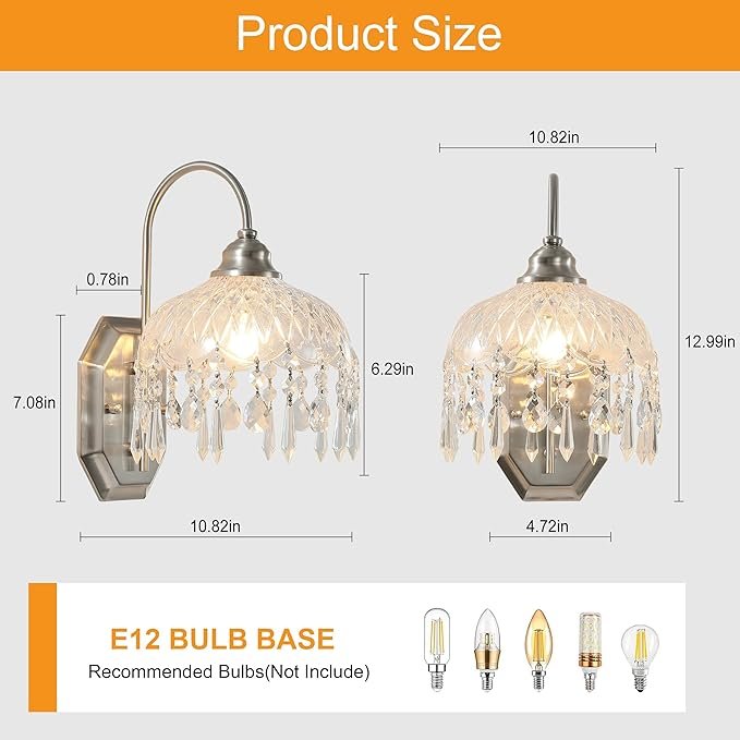 LOSNEOLAZ Crystal Wall Sconces Set of Two, Modern Sconces Wall Decor Set of 2 Chrome Bedroom Indoor Wall Sconce Bedside Wall Mounted Lamp for Hallway Bathroom Vanity Light Fixtures