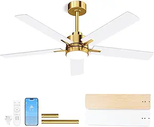 LANMEL 52'' Ceiling Fan with Lights and Remote, Low Profile Modern Ceiling Fan Gold, 6 Speed, Reversible, 3000k-6000k LED, Quiet DC Motor Ceiling Fans for Indoor Outdoor Bedroom Living Room