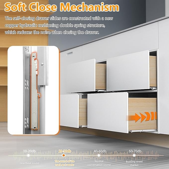 BAIDICE Soft Close Bottom Mount Drawer Slides 24 Inch Rails with Rear mounting Bracket Locking Devices Screws for Face Frame Or Frameless Application（24 inch, 1 Pair）