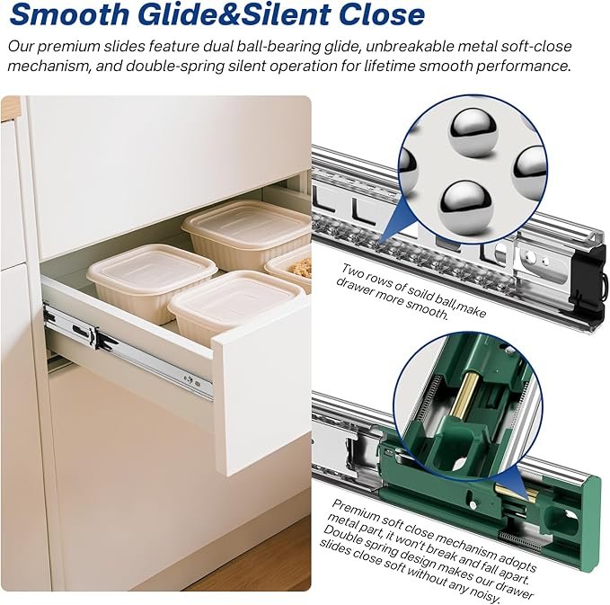 4 Pairs Soft Close Drawer Slides 20 Inch Full Extension Dresser Rails Heavy Duty Ball Bearing Kitchen Cabinet Drawer Glides Side Mount Tool Box Trash Can Runners 100 LB Capacity