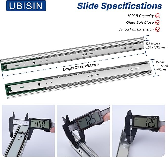 4 Pairs Soft Close Drawer Slides 20 Inch Full Extension Dresser Rails Heavy Duty Ball Bearing Kitchen Cabinet Drawer Glides Side Mount Tool Box Trash Can Runners 100 LB Capacity
