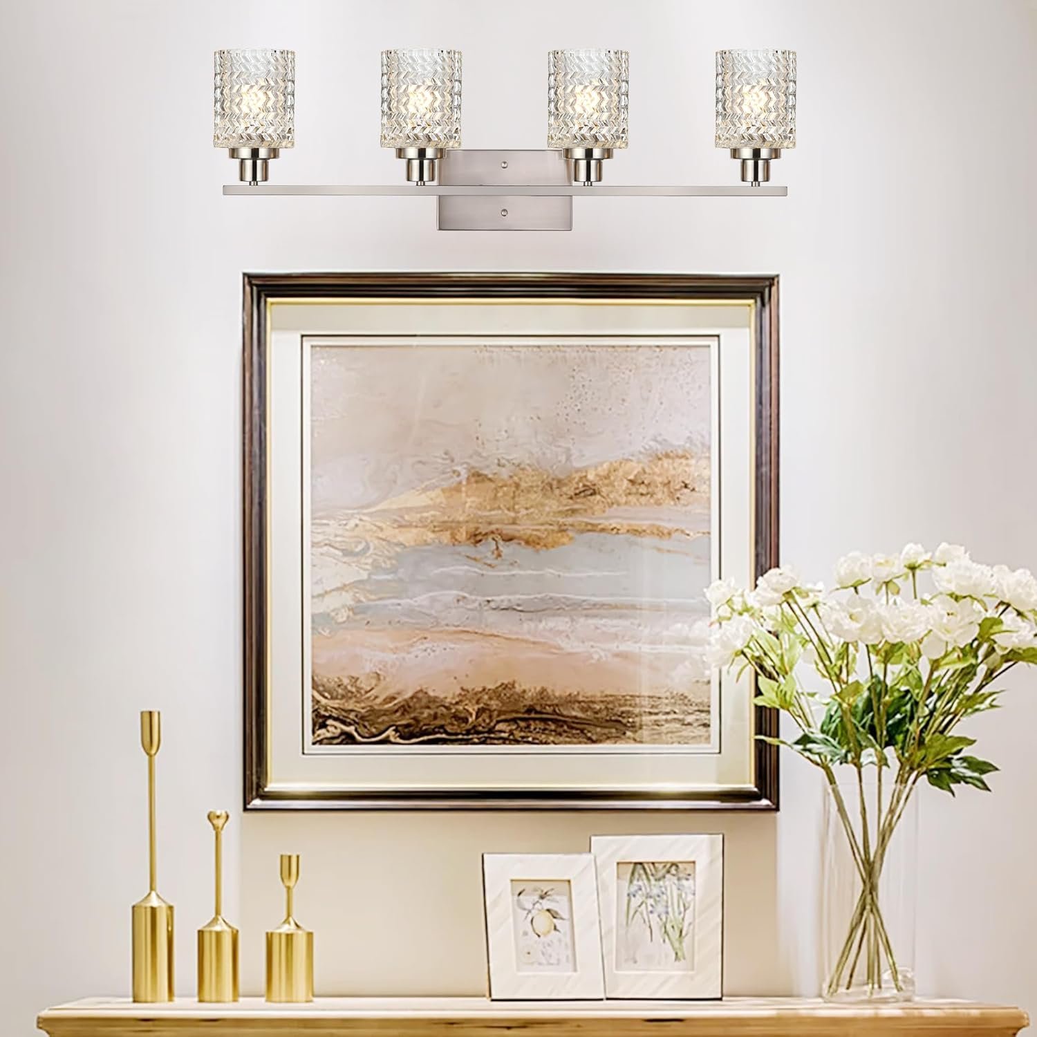 MELUCEE 4 Lights Brushed Nickel Vanity Light Modern Bathroom Light Fixtures with Hammered Glass Shade, Indoor Metal Wall Lights for Powder Room Hallway Kitchen, E26 Base