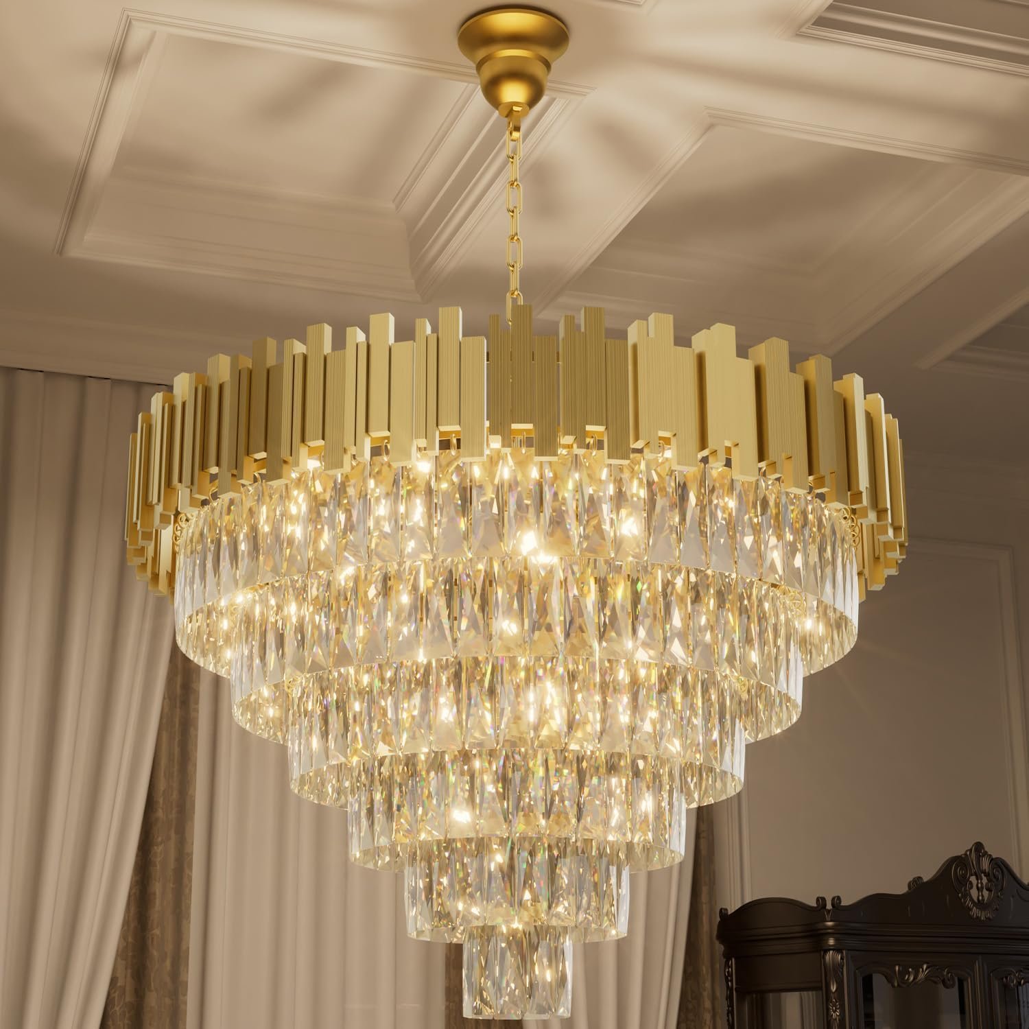 Aimluxin Modern Crystal Chandelier Gold, 32 Round Luxury Top K9 Crystal Chandeliers 6-Tier 13 Lights Large Adjustable Height Ceiling Hanging Pendant Light Fixture for Living Room Bedroom Foyer