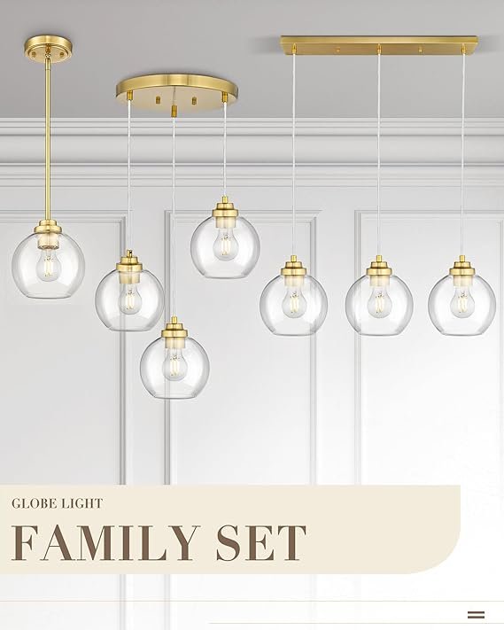 JAZAVA 3-Light Gold Linear Chandelier, Globe Kitchen Island Lighting, Modern Pendant Light with Clear Glass for Dining Room Living Room Pool Table, ZCPL101BG-3S