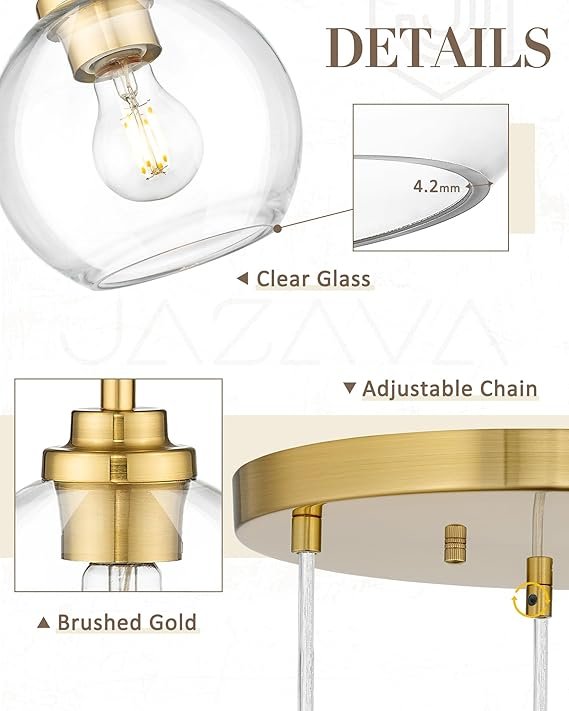 JAZAVA 3-Light Gold Linear Chandelier, Globe Kitchen Island Lighting, Modern Pendant Light with Clear Glass for Dining Room Living Room Pool Table, ZCPL101BG-3S