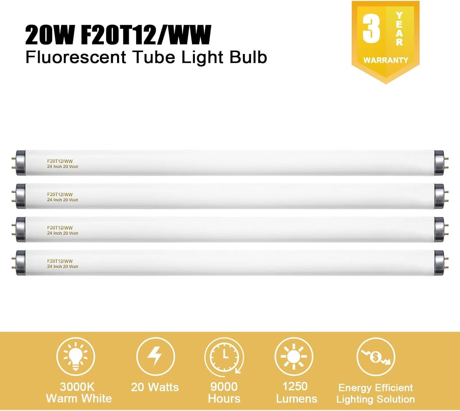 Konideke F20T12/WW 20 Watt Soft Warm White, T12 Fluorescent Tube Light Bulb 20W 24 Inch, 2Ft F20T12/DSW/RP Replacement for F20T12 F20T12KB/ECO/RVL F20T12KB/ECO F20T12/SPX30 1250Lm G13 4 Count
