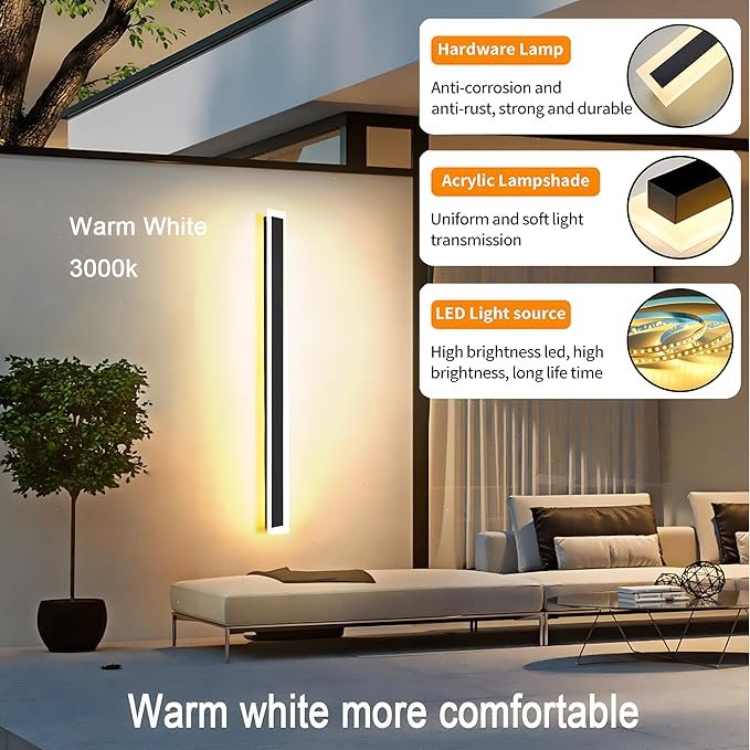 RGZZUP 2Pack 31.5inch Long Outdoor Modern LED Wall Light,24W Waterproof IP65 Warm White 110V led Wall Mount Lighting Fixture Rectangular Black Wall Lights Elegant Frosted White Acrylic Anti Rust