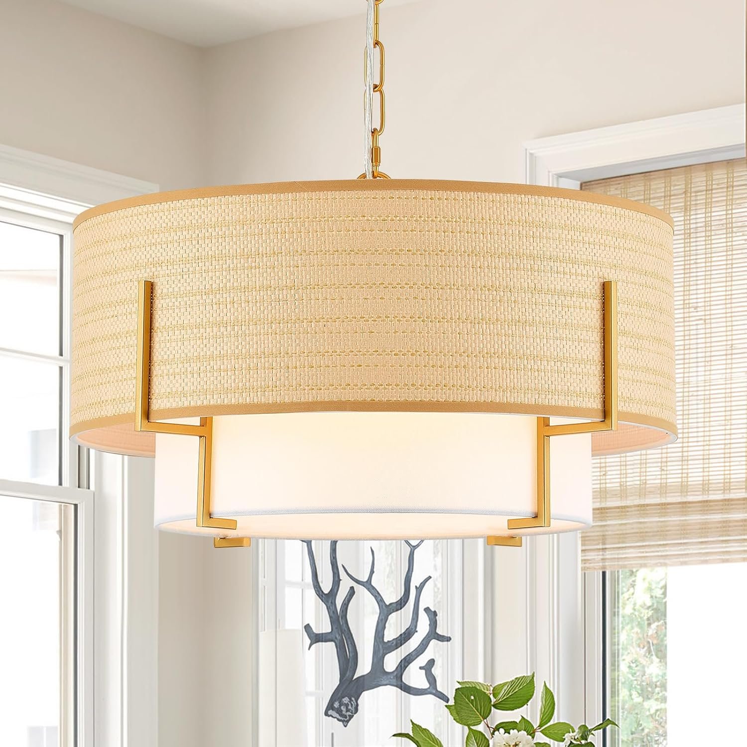 VILUXY Boho Rattan Chandelier 19.8’’ Farmhouse Drum Chandelier with Fabric Shade, 4-Light Rattan Light Fixture Rustic Pendant Light for Dining Room Kitchen Island Bedroom Entryway, UL Listed