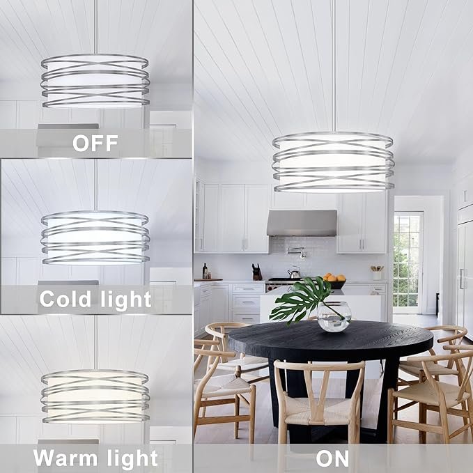 Corlaceling 16 inch Modern Drum Pendant Light 3-Lights Brushed Nickel Chandelier Dining Room Light Fixture, Adjustable Ceiling Pendant Kitchen Light Fixture Over Table for Living Room Bedroom
