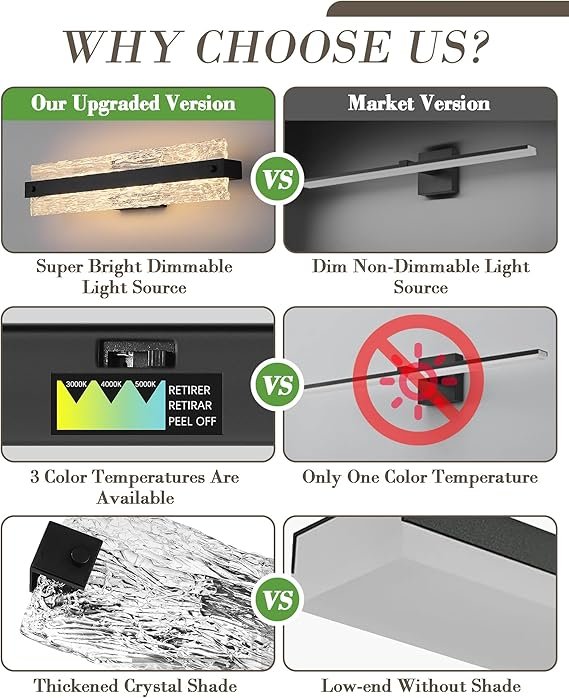 Osimir Black LED Bathroom Vanity Light, 24.4 Inch 15W Modern Dimmable Bathroom Light Fixture Over Mirror, Crystal Bar Wall Sconce Lighting for Bath, 3CCT, OS-MM5001-3BK