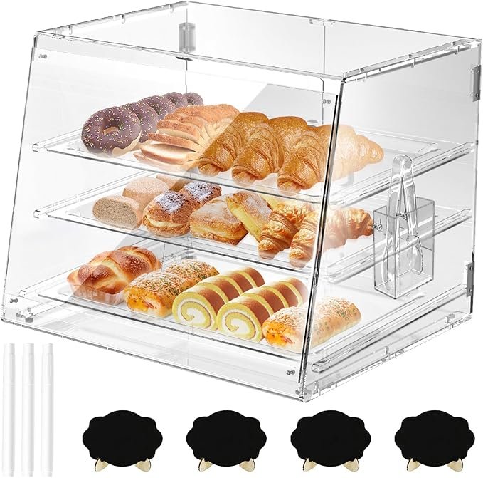 Commercial Countertop Bakery Display Case- Thickened Large Pastry Display Case with Bread Tong - 3 Tray Adjustable Bread Box for Bread,Cake and Cookie, 22.2