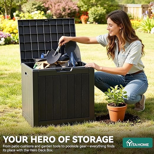 YITAHOME 30 Gallon Deck Box Outdoor Storage Box, Waterproof Resin Package Delivery and Storage Box with Lockable Lid for Patio Furniture Cushions, Pool Accessories, Garden Tools, Black