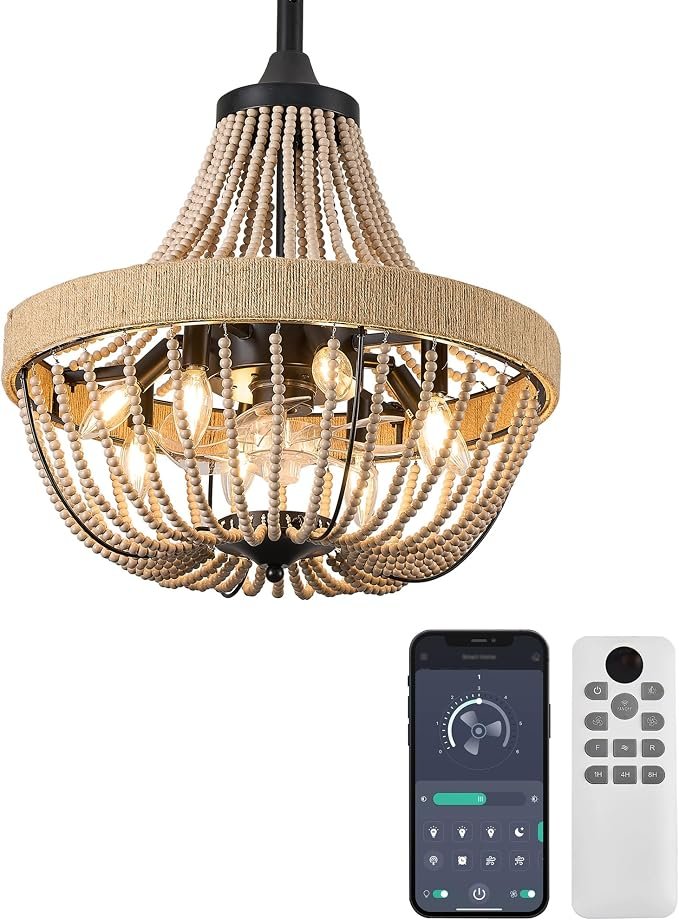 LVYEAYOU 20 inch Boho Beaded Chandelier with Ceiling Fan, Remote & App Control, Reversible DC Motor, Black Farmhouse Rattan Fandelier for Dining Room, Bedroom, Kitchen