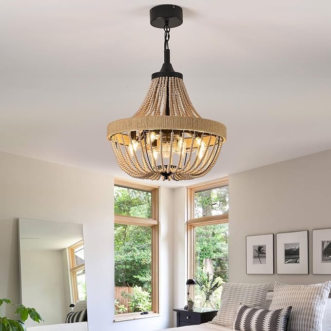 LVYEAYOU 20 inch Boho Beaded Chandelier with Ceiling Fan, Remote & App Control, Reversible DC Motor, Black Farmhouse Rattan Fandelier for Dining Room, Bedroom, Kitchen