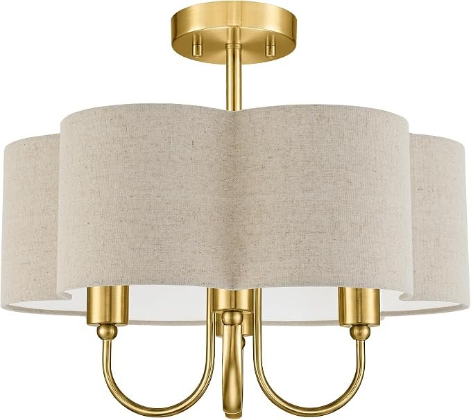 Gold Semi Flush Mount Ceiling Light, 18 4-Light Light Fixtures Ceiling Mount with Brown Linen Petal Shade for Kitchen Nursery Entryway Hallway Bedroom, E26 Base, SM179-BG-L-6