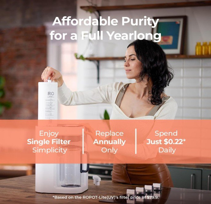 Bluevua RO100ROPOT-Lite Countertop Reverse Osmosis Water Filter System, 31 Pure to Drain Ratio, Portable RO Filtration with Remineralization, No Installation, WQA Certified, 7-Stage UV White
