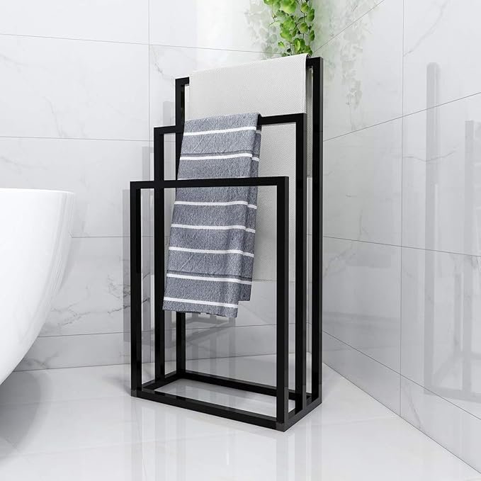 Metal Towel Racks 3 Bars for Bathroom Freestanding Drying Shelf 3 Tier Storage Organizer Washcloths Holder (Black)