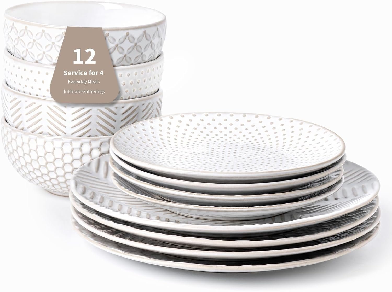FOBENTA 12 Piece Embossed Dinnerware Sets for 4, Elegant Plates and Bowls Sets, Microwave & Dishwasher Safe, Stoneware for Stylish Home Dining–Perfect Housewarming Gift for Busy Families