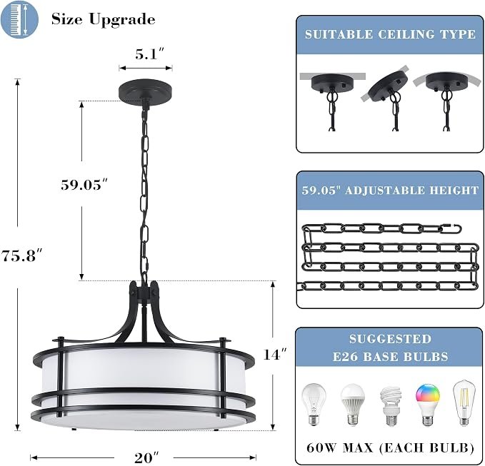 Pavloatu 20" Black Drum Chandelier, Modern White Fabric Chandeliers, 5-Light Adjustable Large Drum Pendant Light Fixtures for Dining Room, Kitchen Island Living Room Foyer Bedroom