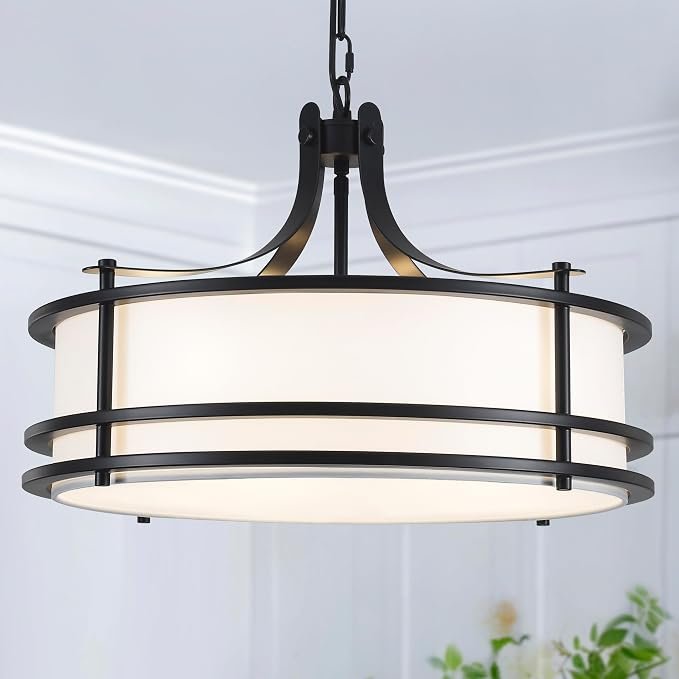 Pavloatu 20" Black Drum Chandelier, Modern White Fabric Chandeliers, 5-Light Adjustable Large Drum Pendant Light Fixtures for Dining Room, Kitchen Island Living Room Foyer Bedroom
