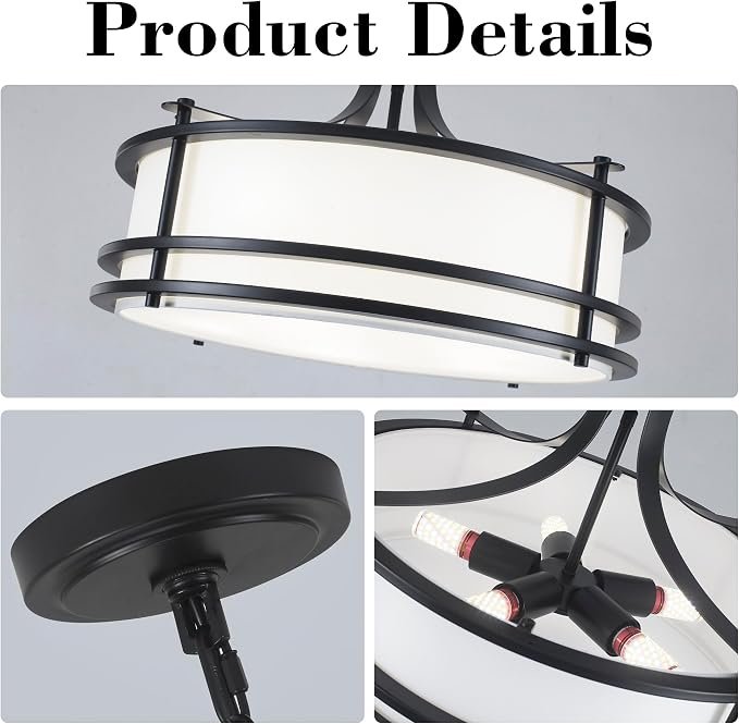 Pavloatu 20" Black Drum Chandelier, Modern White Fabric Chandeliers, 5-Light Adjustable Large Drum Pendant Light Fixtures for Dining Room, Kitchen Island Living Room Foyer Bedroom