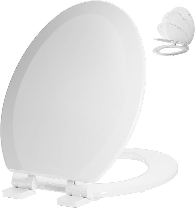 Angol Shiold Quiet-Close Molded Wood Toilet Seat with Non-Slip Adjustable Hinges, Anti-Pinch Bumpers, Easy Install & Clean(Bone, Elongated 18.5'')