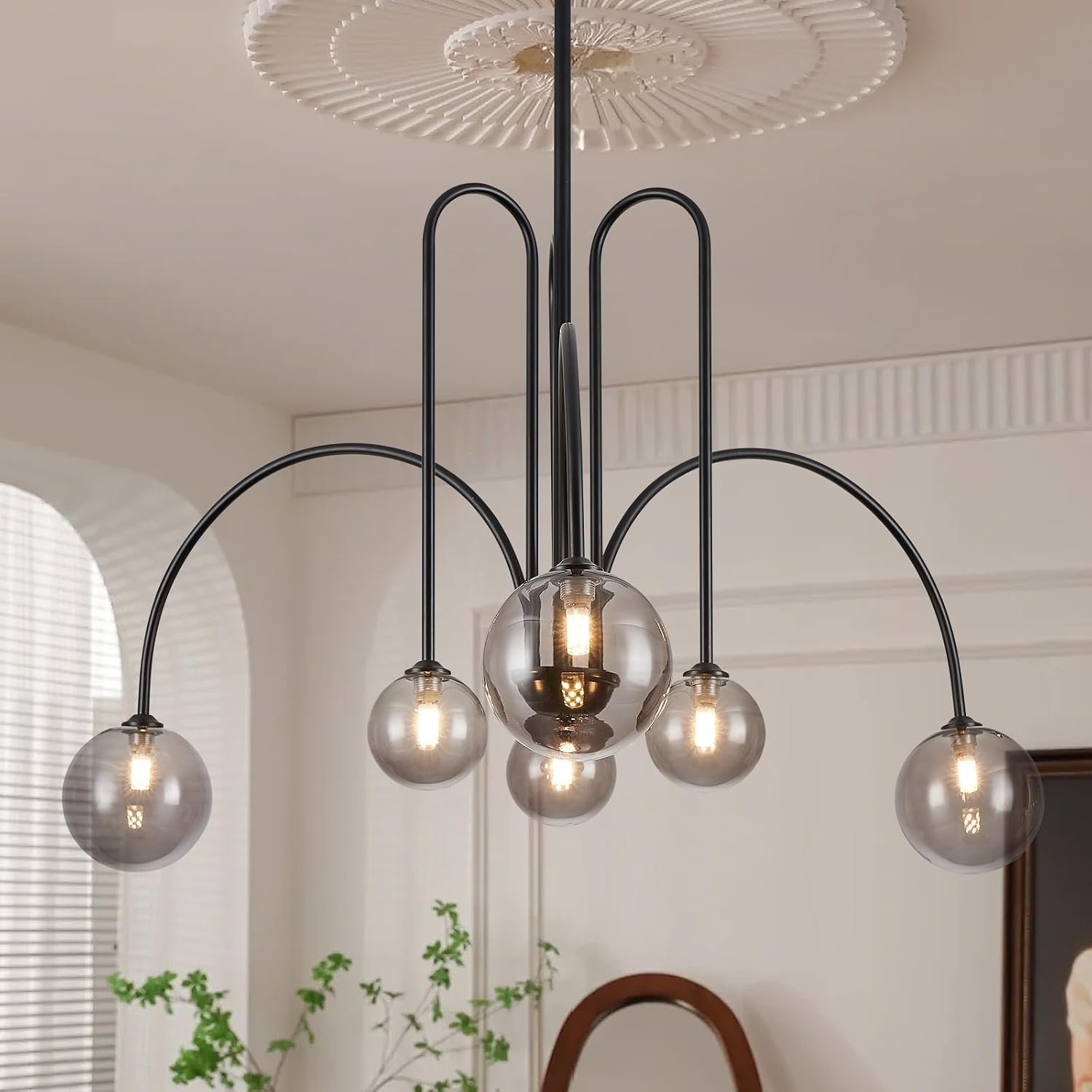 CATINER Black Chandelier Modern 6 Lights Sputnik Chandelier Large L40” Mid Century Ceiling Pendant Light Fixtures with Smoke Glass Globe Shades for Living Dining Room Foyer Bedroom